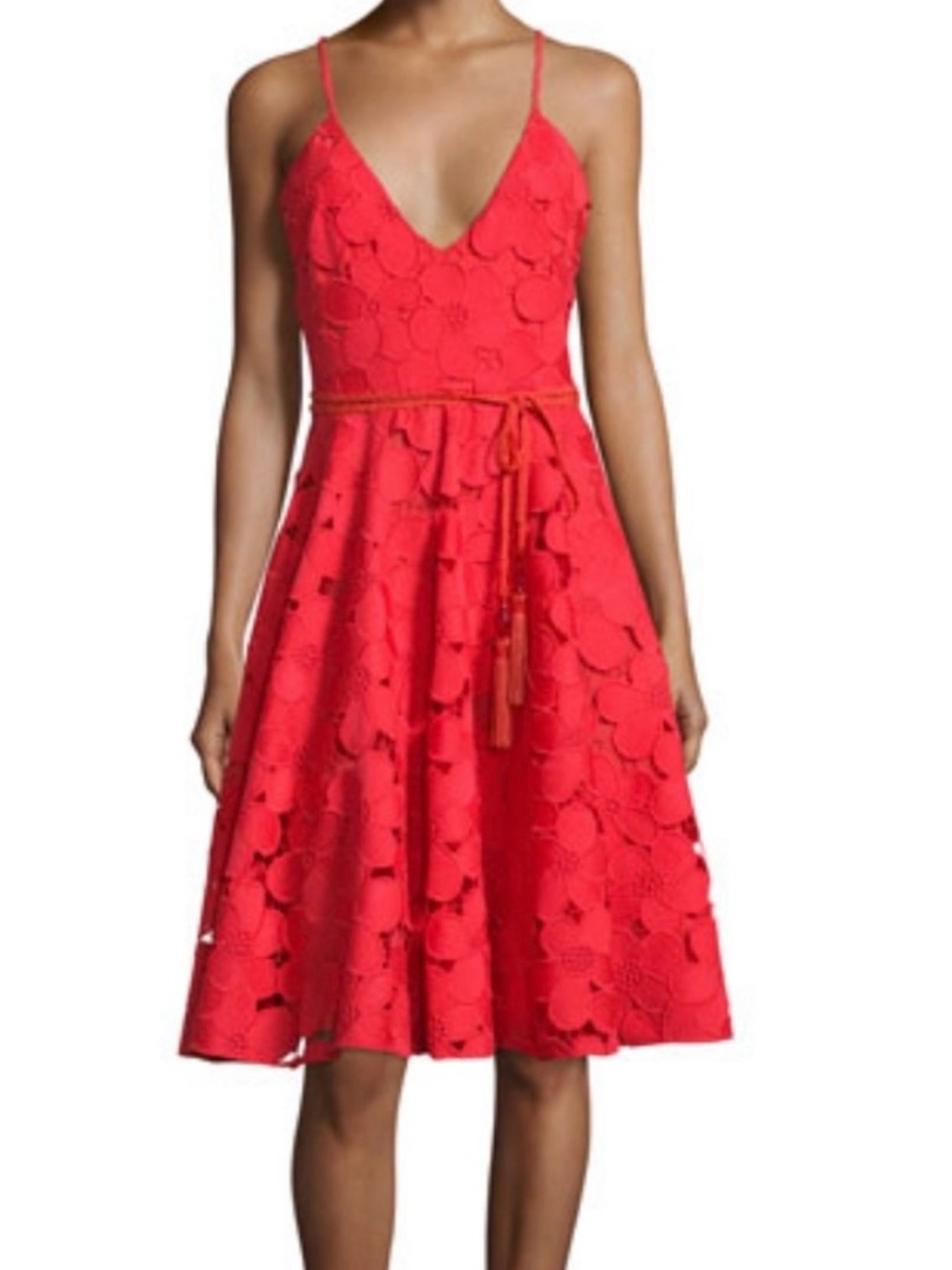 Badgley Mischka Red Floral Lace Spaghetti-Strap Dress - Size 6